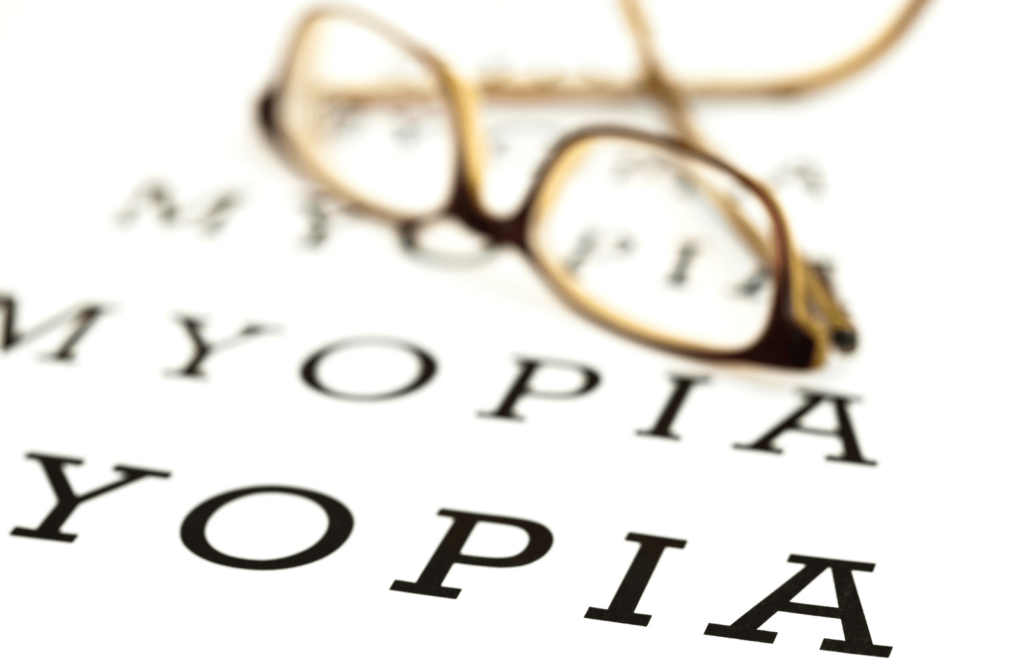 A pair of corrective lens glasses sitting on a poster or paper that says "myopia" over and over