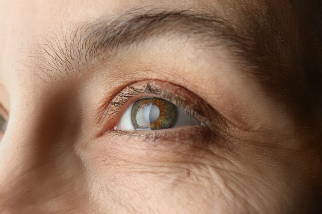 A close up image of a woman's eye with a cataract present