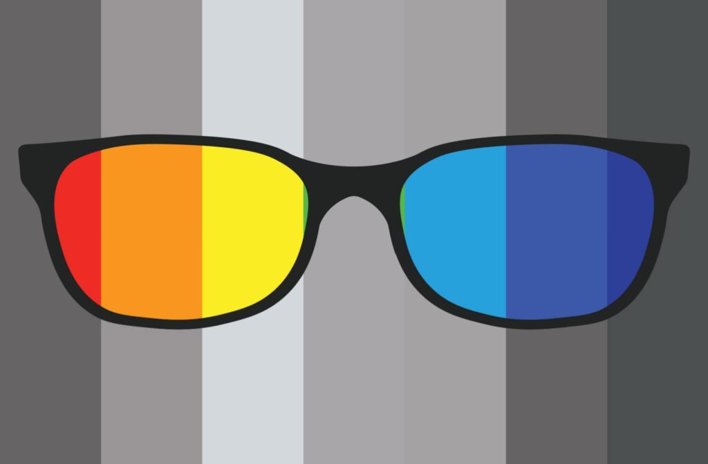 An illustration to represent color blindness and color vision using a pair of glasses, where its colorful inside the glasses, but outside of the glasses is grey