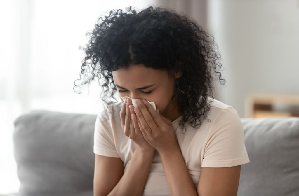 A young woman blowing her nose into a tissue due to allergies