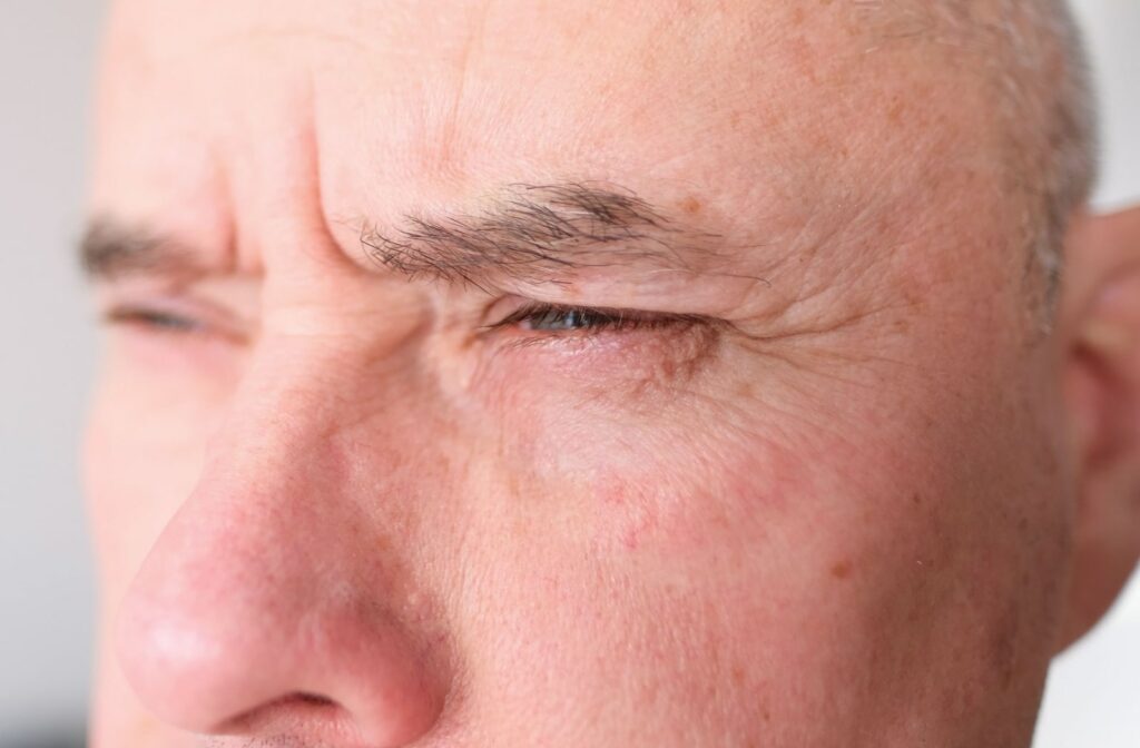 A close-up of a man squinting his eyes to see things clearly. He is experiencing blurry vision due to dry eyes.