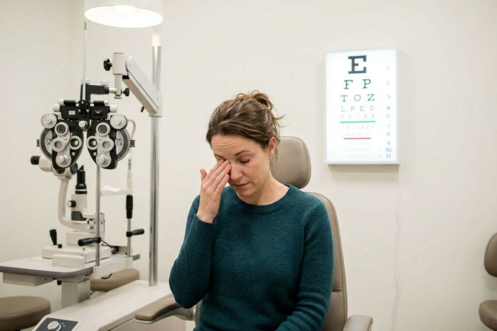 Adult rubbing eye while seated in optometry exam chair, with phoropter and Snellen eye chart visible in background.