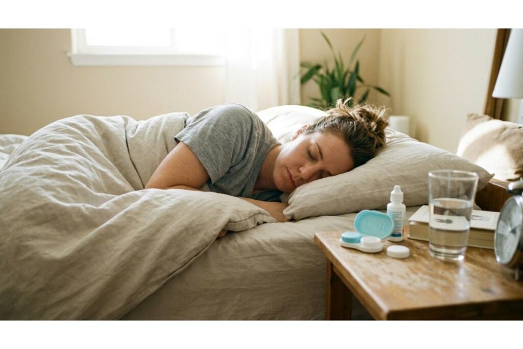 A woman sleeping soundly in a bed with neutral-colored linens, while a contact lens case, eye drops, and a glass of water sit on the wooden nightstand next to her.
