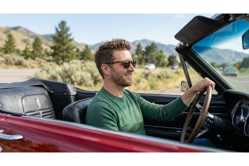 A smiling man wearing stylish tortoiseshell sunglasses drives a red vintage convertible on a sunny day, showcasing fashionable eyewear that protects the eyes from UV rays while driving.