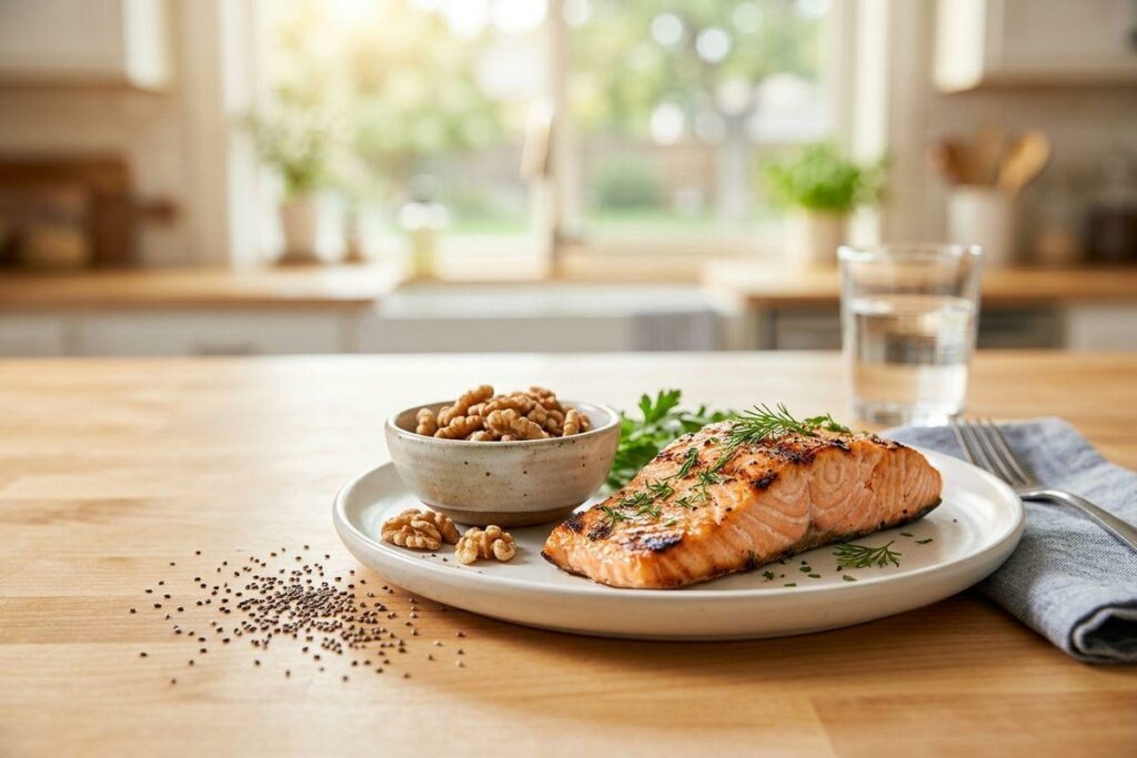 Grilled salmon fillet with dill on a white plate beside a bowl of walnuts, with a glass of water on a wooden kitchen counter.