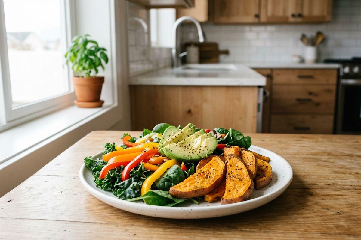 Plate of kale, bell peppers, avocado slices, and roasted sweet potato wedges on a wooden kitchen table.