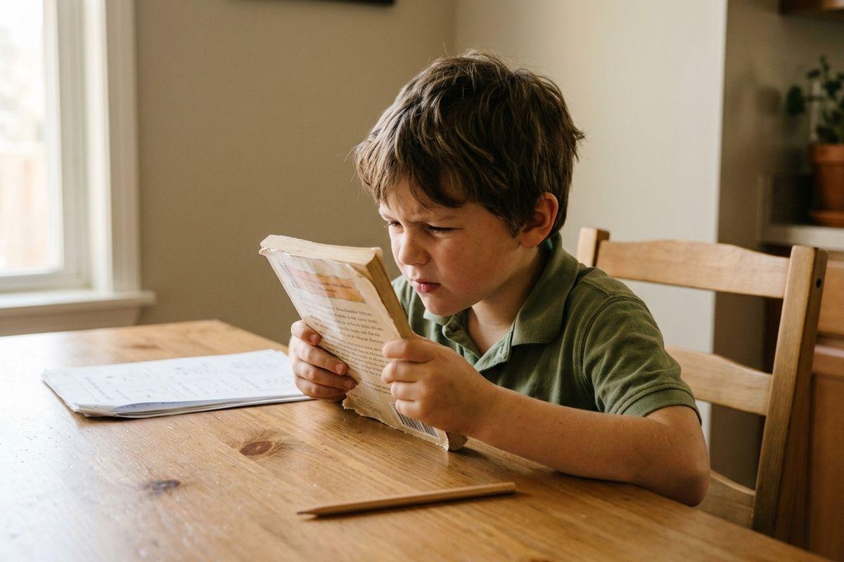 Child squinting at a book held close to their face at a wooden table, with papers and a pencil nearby.