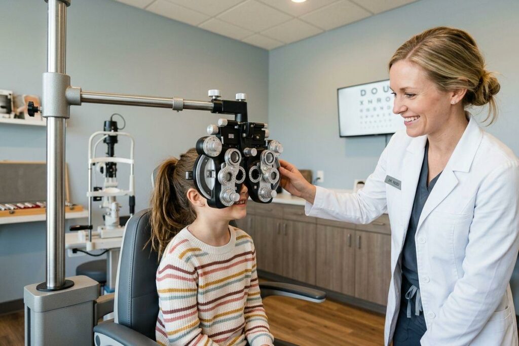 Optometrist adjusts a phoropter for a smiling child during an eye exam in a clinic with an eye chart on the wall.