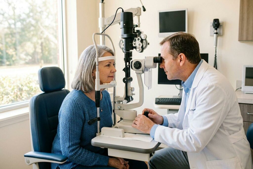 Optometrist examines a seated patient's eyes using a slit lamp during an exam in a clinic.