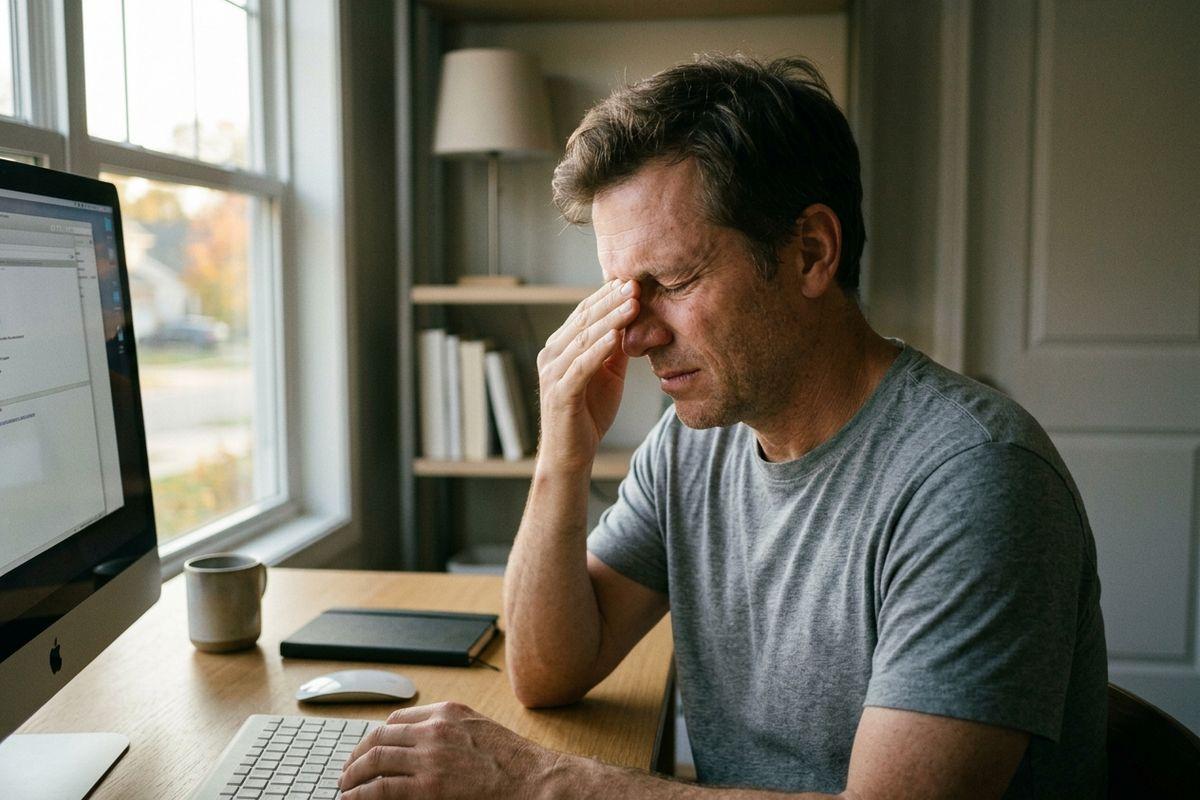 Person rubbing eye while sitting at a desk with a computer, keyboard, and mug near a window.